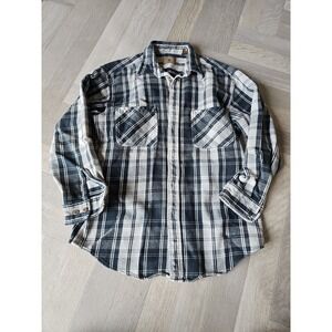 Mens Large Tall Flannel Shirt Navy Blue Cream Plaid Button Down Cabincore Rugged